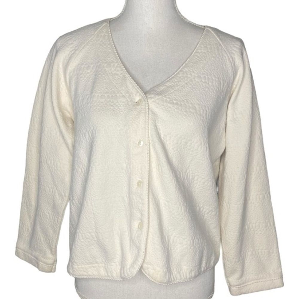 Oscar de la Renta Wm Sz Med Ivory Cream Textured 4 Button Cotton Cardigan